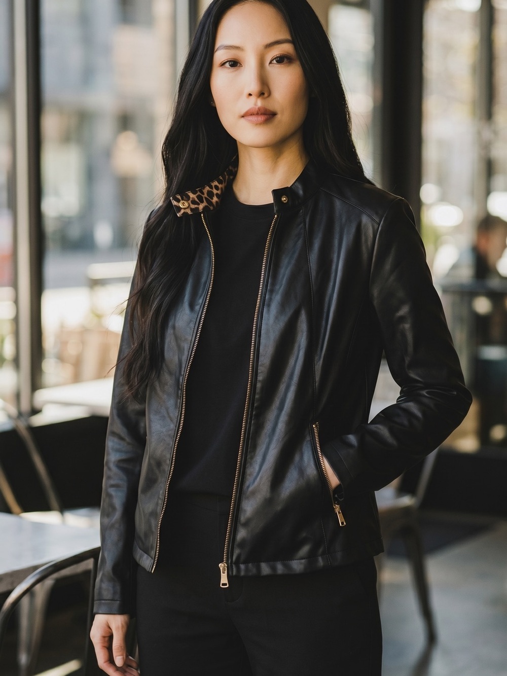 Calvin Klein Black Vegan Leather Jacket with Leopard-Trim Collar
